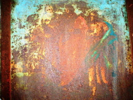 Metall-Malerei: Altes Hausschild aus Blech - Jesus mit den Emmaus-Jüngern
